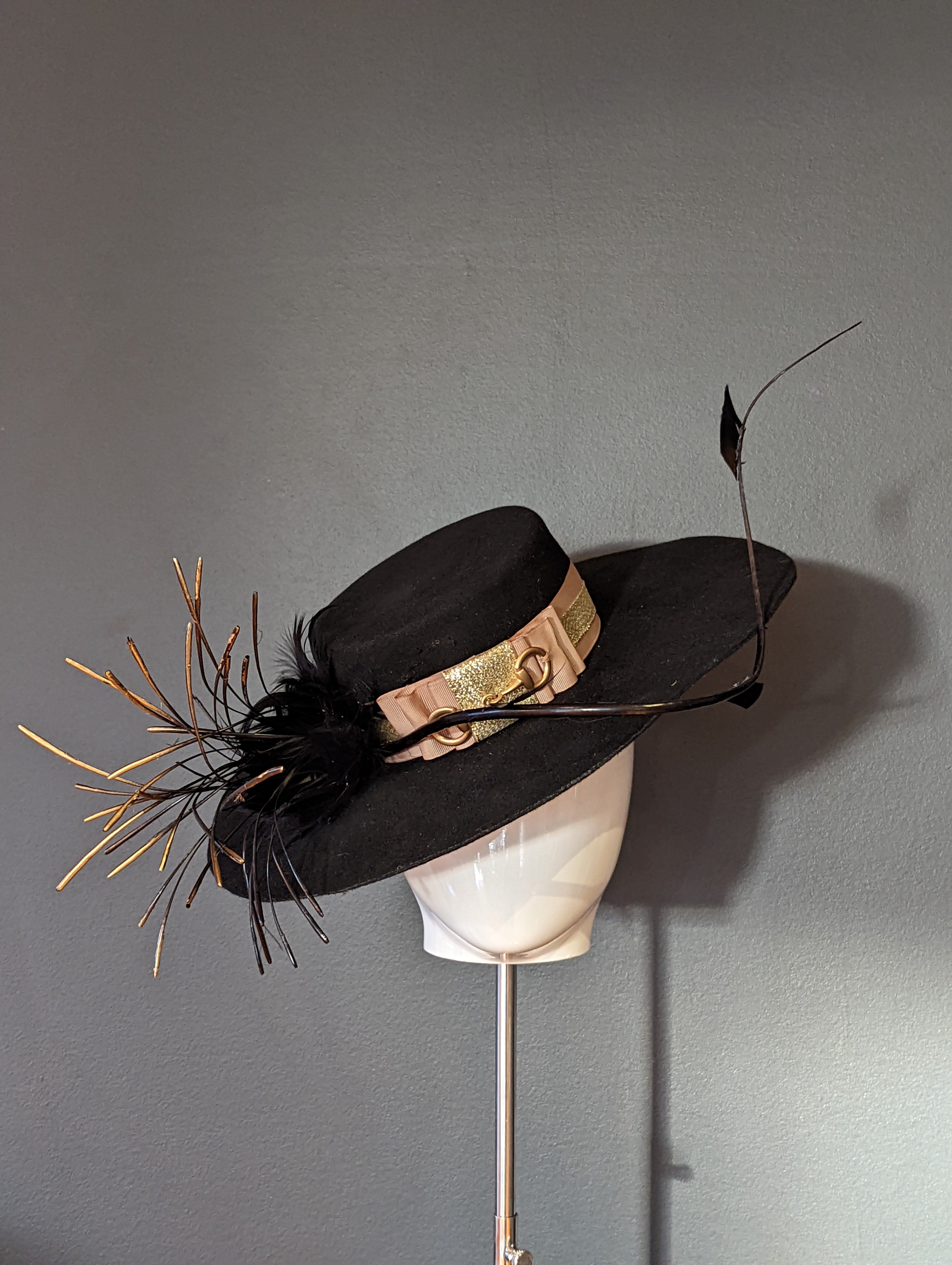 The Beth Black wide brim with gold and taupe