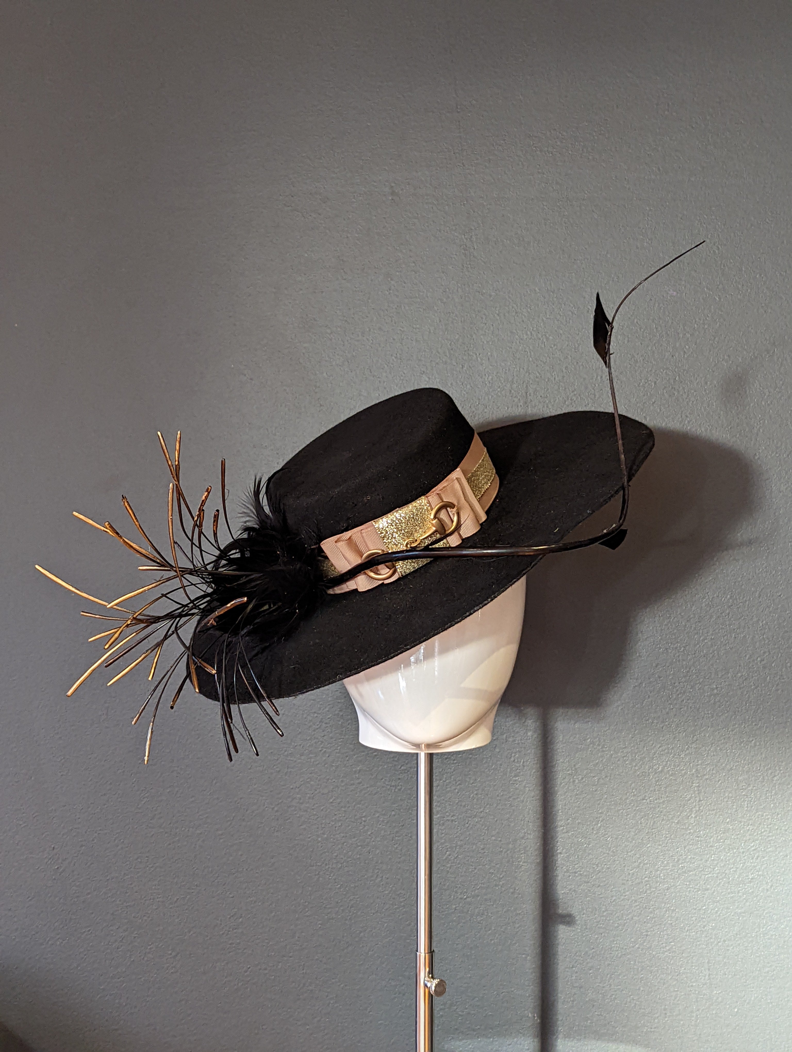 The Beth Black wide brim with gold and taupe