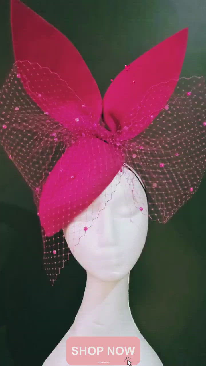 Hot Pink Felt Veiled Bow
